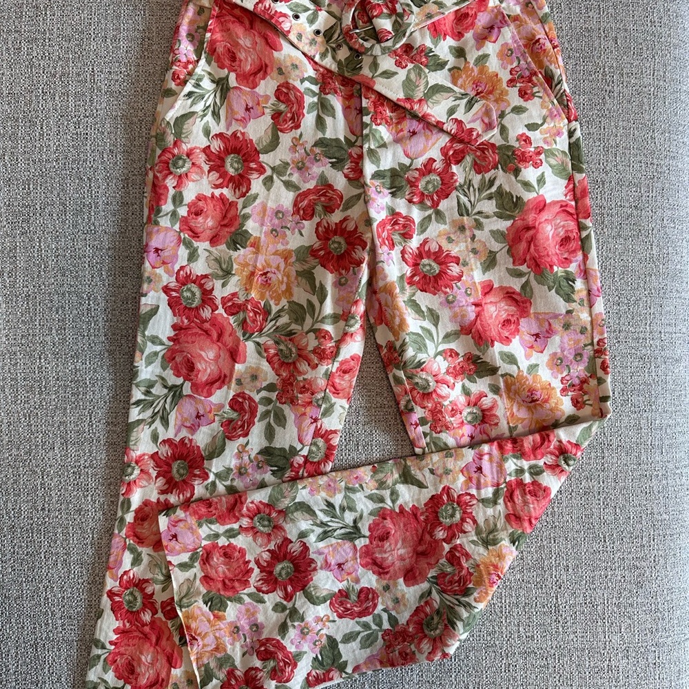Mango Red and Green Floral Belted Pants